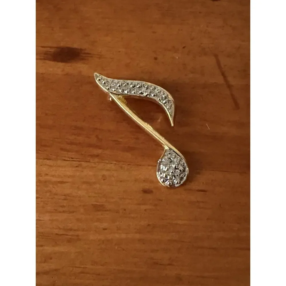 Vintage Gold Tone Musical Note Brooch Rhinestone Eighth Note Music Lover Pin